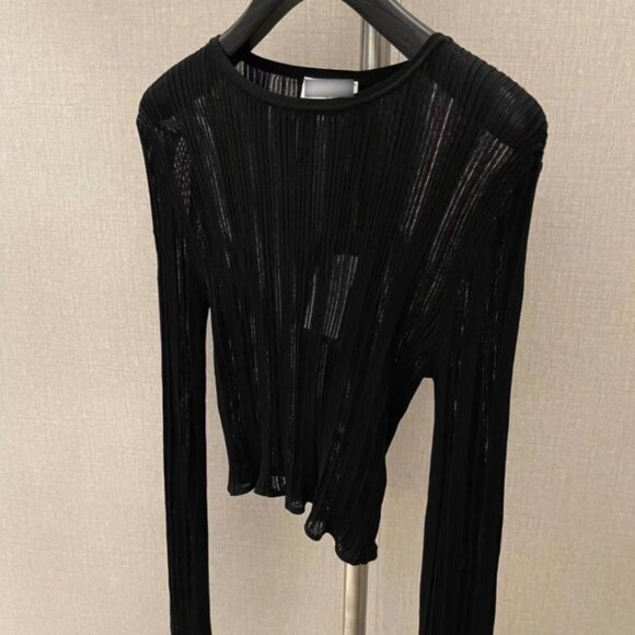 Chic Black Sheer Ribbed Knit Top - Picture 3 of 3